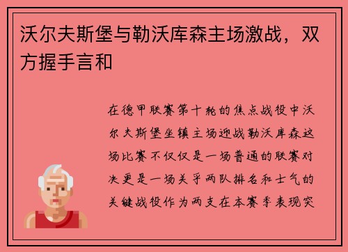 沃尔夫斯堡与勒沃库森主场激战，双方握手言和