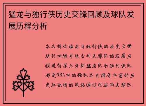 猛龙与独行侠历史交锋回顾及球队发展历程分析